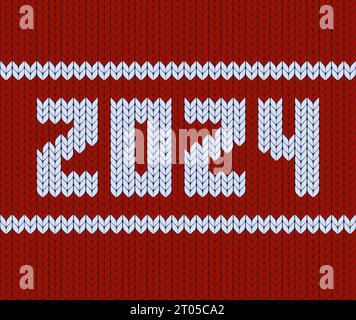 2024 Strickmuster. Das gemütliche, in Rot und weiß gefertigte Design eignet sich perfekt für Ihre Projekte im Urlaubsstil, für Modebegeisterte und Kunsthandwerker gleichermaßen Stock Vektor