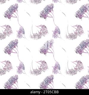 Transparente Aquarellmuster, schlichte lilafarbene Zweige, Blumen, minimalistisches Muster, handgezeichnetes Kleidungsmuster Stockfoto
