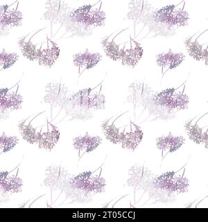 Transparente Aquarellmuster, schlichte lilafarbene Zweige, Blumen, minimalistisches Muster, handgezeichnetes Kleidungsmuster Stockfoto