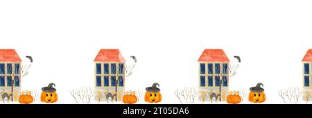 halloween-Banner, Streifen für Website- und Social-Media-Design, handgezeichnete Aquarellillustration zum Thema Herbstferien Stockfoto