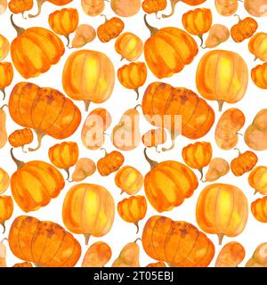 Muster mit Kürbissen in Aquarellfarben, nahtloses Herbstmuster, Print für halloween Stockfoto