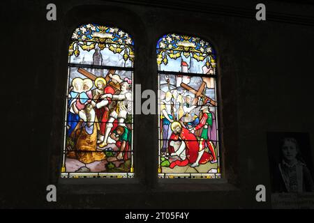 Buntglasfenster in der katholischen Kirche St. Leonard, Honfleur, Frankreich, Frankreich, Normandie, 2023 Stockfoto