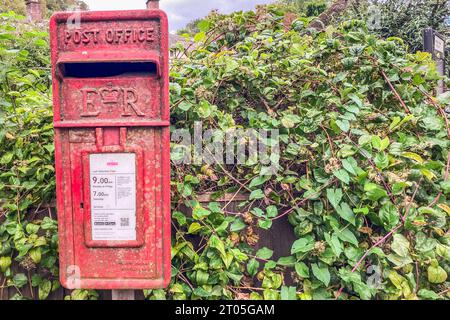 Traditioneller roter Briefkasten von England. Vorderansicht horizontal. Hampshire, Vereinigtes Königreich, Europa Stockfoto