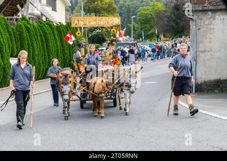 Dorfbewohner in traditionellen Trachten nehmen stolz an der jährlichen Alpenkuhparade im Dorf Kerns Teil. Kerns ist ein Dorf im Kanton Obwa Stockfoto