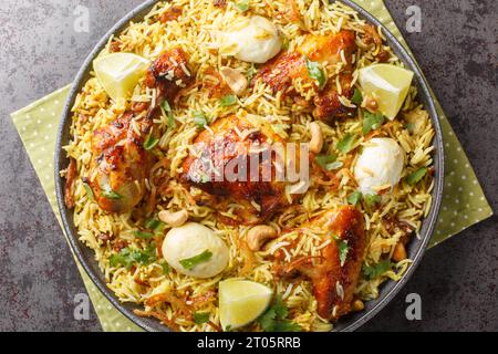 Festliches Pilaf Morog Polao aus Hühnchen und scharfem Basmatireis mit gekochten Eiern und gebratenen Zwiebeln auf dem Teller auf dem Tisch. Horizontal oben Stockfoto