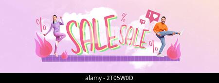 Kreative Collage von zwei glücklichen verrückten Mini-Leuten, die tanzen großes Angebot Prozent Sonderangebot wie Benachrichtigungswolken isoliert auf rosa Hintergrund Stockfoto