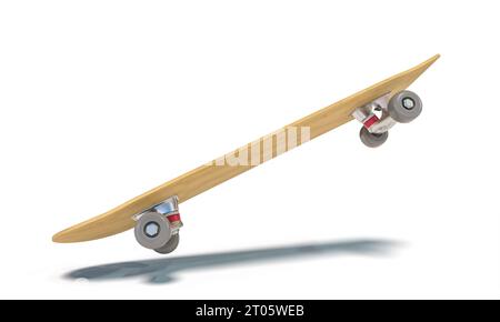 Klassisches Skateboard auf weißem Hintergrund im Sprung. 3D-Rendering Stockfoto