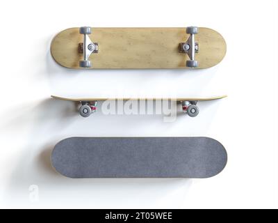 Klassisches Skateboard auf weißem Hintergrund, verschiedene Ansichten von oben. 3D-Rendering Stockfoto