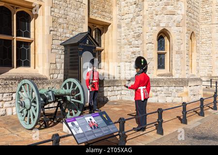 Tower of London walisische wachen, Sergeant inspiziert die Wache vor dem Wachwechsel im Waterloo Kaserne Juwelenturm in London, England, Großbritannien Stockfoto