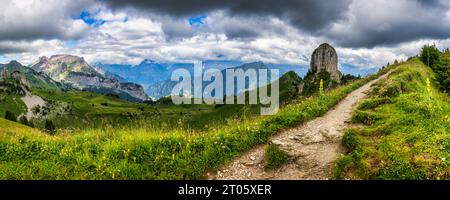 Der beliebte Berg in den Schweizer Alpen heißt Schynige Platte in der Schweiz. Blick auf die Schynige Platte, Jungfrau Region, Schweiz. Blick auf Wetterhorn, S. Stockfoto