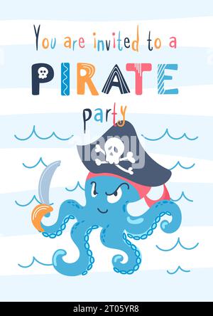 Niedlicher Seekreke mit Säbel in einem Hahnenhut. Party-Einladung. Zeichentrickfigur für Kinder. Piratenabenteuer, Jolly Roger, reist. Flacher STYLE Stock Vektor