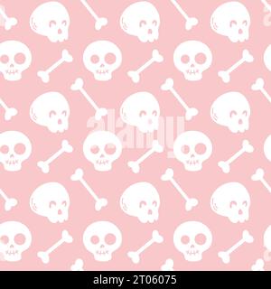 Frohes Halloween. Knochen und Schädel. Tag der Toten. Dia de Muertos. Niedliches minimalistisches nahtloses Muster, rosa Farbe. Für Tapeten, Bedrucken auf Stoff, Stock Vektor