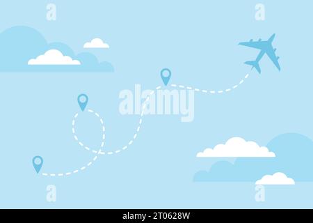 Fliegendes Flugzeug und gestrichelte Linie Flugroute mit Karten-Pin-Symbolen auf blauem bewölktem Hintergrund. Illustration des flachen Vektors Stock Vektor