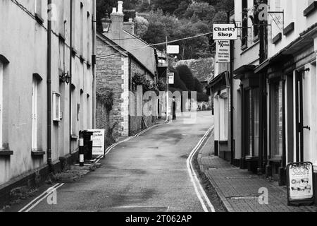 Die preisgekrönte Crickhowell High Street ist eines der wenigen verbleibenden Stadtzentren des Landes, in dem lokale Unternehmen lokale Produkte und lokale Produkte verkaufen. Stockfoto