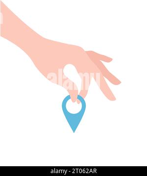 Hand hält ein blaues Pin-Symbol auf weißem Hintergrund. Illustration des flachen Vektors Stock Vektor