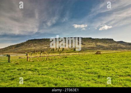 Obere Tabelle vulkanischen Felsplateau über Felder mit Rad Linie SprengerBewässerungssystem in der Nähe von Medford, Oregon, USA Stockfoto