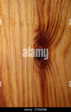 Hölzerne fehlende braune Oberfläche Makro Schließen abstrakte Texturplatte aus Kiefernholz mit einem Ast Auge Knoten Loch Hintergrund brauner gelber hölzerner Stock Foto Stockfoto