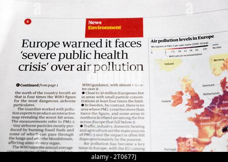 „Europa hat gewarnt, dass es mit einer „schweren öffentlichen Gesundheitskrise“ wegen Luftverschmutzung konfrontiert ist“ Guardian-Zeitung Schlagzeile Umwelt-Nachrichten artikel 21 September 2023 Großbritannien Stockfoto