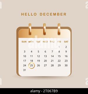 3D Gold eleganter Dezember Kalender Weihnachten, Feiertag Countdown Vorlage realistische Rendersymbol Premium Luxus Neujahrsvektor. Stock Vektor