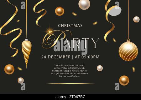 Merry Christmas Party Vektor Poster Holiday Club Einladung, Premium Luxus 3D Gold Ornament Dekoration von goldenen Ball und Bänder auf einem schwarzen Hintergrund Stock Vektor