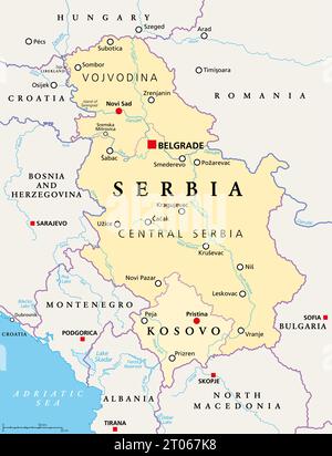 Serbien und Kosovo, Binnenländer in Südosteuropa, politische Landkarte. Republik Serbien mit der Hauptstadt Belgrad und der Republik Kosovo. Stockfoto