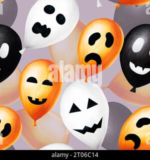 Wasserfarbenes nahtloses Halloween-Muster mit Ballons Illustration mit gruseligen Gesichtern. Mit der Hand gemalt, dass die Skizze des orangefarbenen, schwarzen und weißen Ballons isoliert auf Weiß ist Stockfoto