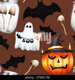 Wasserfarbener halloween-Kürbis, Fledermaus, giftiger gefährlicher Pilz-Kinderhocker in einem Glas, niedlicher Geist isoliert. Für Designer, Dekoration, Shoppen, für Stockfoto
