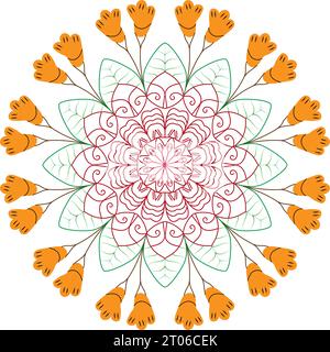 Ein farbenfrohes, kreisförmiges Mandala-Design mit Blumenmuster auf weißem Hintergrund. Stock Vektor