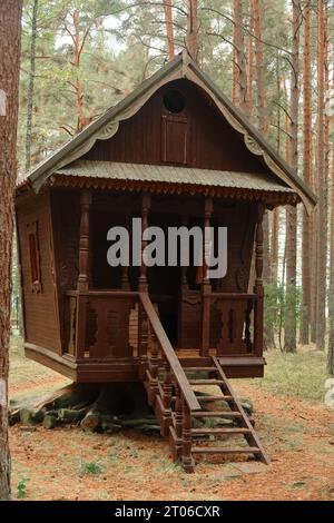 Gruselige und wunderschöne Hütte auf einem Baumstumpf im Wald. Das Konzept des Campingens und das magische Haus von Baba Yaga aus der slawischen Mythologie Stockfoto