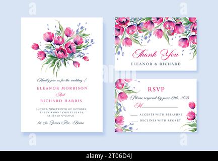 Aquarell Hochzeitseinladung mit Wildblumen, Dankeskarten und rsvp-Karten, Vektorschablone. Stock Vektor