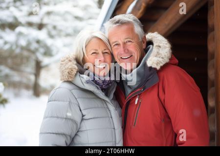 Ein zufriedenes Seniorenpaar in Winterkleidung teilt ein warmes Lächeln auf der Veranda ihres Hauses und genießt die gemütliche Atmosphäre der Saison Stockfoto