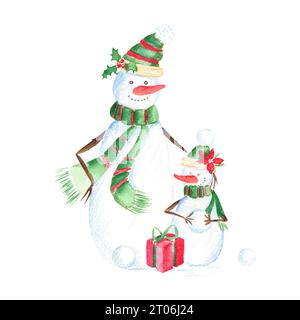 Weihnachtsillustration mit niedlicher Schneemannsfamilie, Geschenk und Schneebälle. Handgezeichnete Aquarellillustration isoliert auf weißem Hintergrund. Perfekt für Stockfoto