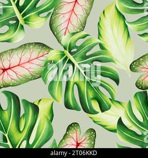 Nahtloses Aquarellmuster mit realistischen tropischen Blättern. Illustration von Monstera, Caladium, Ficus-Blättern isoliert auf weißem Hintergrund. Wunderschönes bo Stockfoto