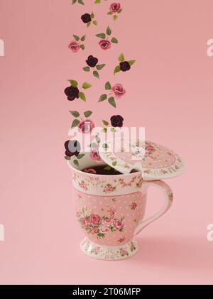 Kreatives Layout aus verschiedenen Blumen, die aus einer Tasse Tee vor hellem hellrosa Hintergrund fliegen. Minimales trendiges Herbsttee-Konzept. Stockfoto