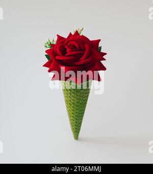 Sommerlayout aus roter Rose in grüner Waffel-Eiskegel auf weißem Hintergrund. Kreatives minimales Sommerkonzept. Trendige Eiskomposition. Stockfoto