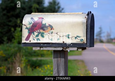 Ländliche Postbox mit zwei Kardinälen. Stockfoto