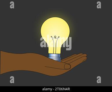 Menschliche Hand hält leuchtende Glühbirne auf schwarzem Hintergrund Symbol für Teamarbeit, Zusammenarbeit und Partnerschaft Illustration symbolisiert kreative Ideen Design Stock Vektor