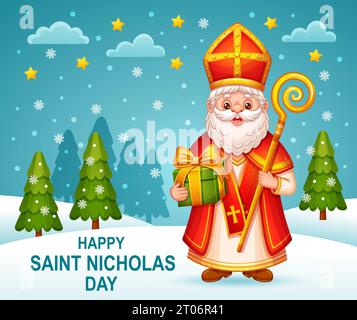 Happy St. Nikolaus Feiertag, süße Sinterklaas-Figur mit Geschenkbox. St. Nikolaus christliche Feier. Weihnachtsmann. Vektor der Grußkarte Stock Vektor