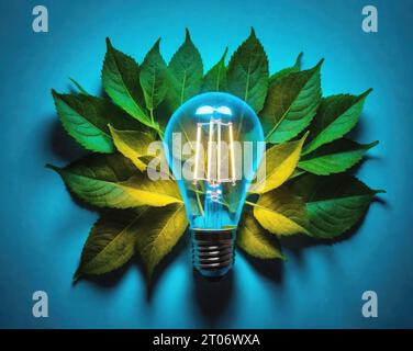 Glühbirne beleuchtet mit warmem Licht auf einem Blattbett mit sanften Schatten auf blauem Hintergrund, Nachhaltigkeits-Energiekonzept mit hellen Ideen. Stockfoto