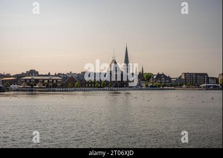 Stadtbild von Aarhus Dänemark am Abend mit Kathedrale von Aarhus, Möwen auf dem Meer vor, Sonnenuntergangsstimmung Stockfoto