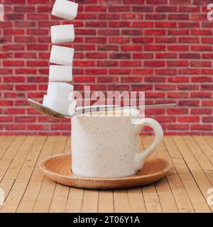 Kreative Komposition aus einer Tasse Kaffee, einem Löffel und fliegenden Zuckerwürfeln vor rotem Backsteinmauerhintergrund. Minimales Essen- und Getränkekonzept. Stockfoto