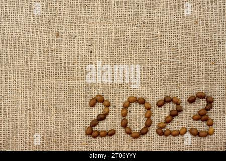 Die Nummern 2023 bestehen aus Kaffeebohnen auf Stoff mit Sackleinen-Textur. Blick von oben. Platz für Text. Hintergrund für die Konstruktion. Stockfoto