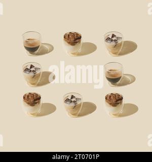 Ordentlich angeordnete verschiedene Arten von Kaffeegetränken auf pastellfarbenem Hintergrund mit Kopierraum. Minimales Kaffeekonzept. Kaffeeästhetik. Stockfoto