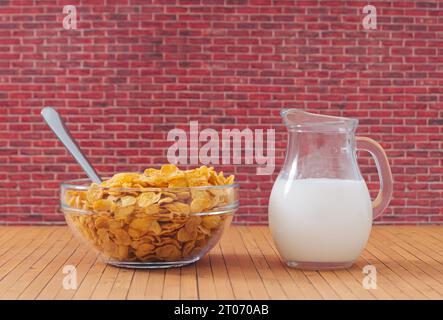 Kreatives Layout aus Cornflakes in Glasschale und Milch vor rotem Backsteinhintergrund. Minimales Essen- und Getränkekonzept. Trendiges Frühstückszerealien Stockfoto