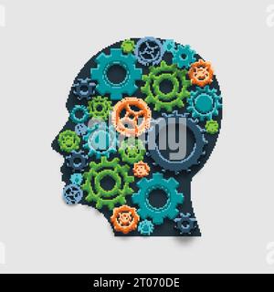 Menschlicher Kopf aus farbigen Zahnrädern Gehirn Denken und Kreativität Mechanismus Konzept Vektor Illustration Stock Vektor