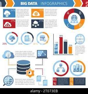 Big Data Austausch und Speicherung komplexer drahtloser Computersysteme Technologie statistische Analyse Infografik Bericht abstrakter Vektor Illustration Stock Vektor