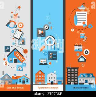 Immobilien vertikale Banner mit Verkauf und Vermietung Wohnung suchen und Verbesserungen Elemente isoliert Vektor Illustration gesetzt Stock Vektor