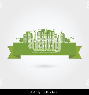 Eco Stadt Stadtkonzept mit grünem Band und umweltfreundliche Gebäude Vektor-Illustration Stock Vektor