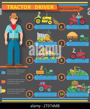 Infografiken für Traktorfahrer mit Symbolen für Landwirtschaftsmaschinen und Baumaschinen Vektorillustration Stock Vektor