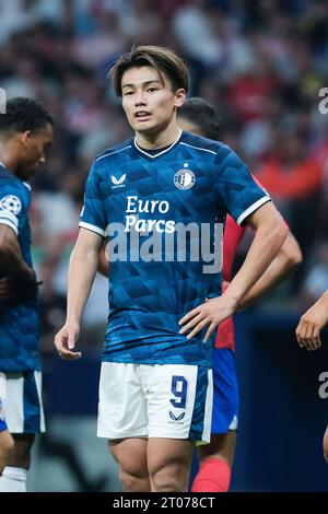 Madrid, Spanien. Oktober 2023. Ayase Ueda von Feyenord während des UEFA Champions League-Spiels zwischen Atletico de Madrid und Feyenoord im Estadio Civitas Metropolitano am 4. Oktober 2023 in Madrid (Foto: Oscar Gonzalez/SIPA USA) (Foto: Oscar Gonzalez/SIPA USA) Credit: SIPA USA/Alamy Live News Stockfoto